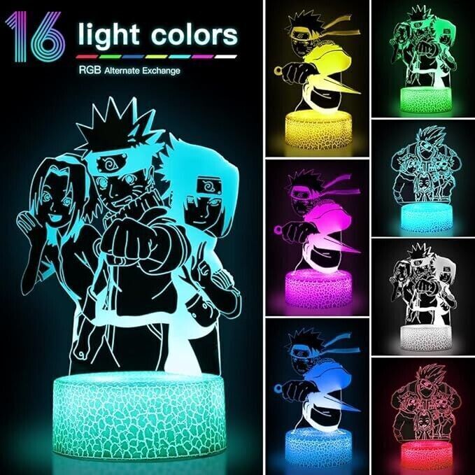 Lampada a LED Naruto 3D Illusion + 4 disegni 16 cambi di colore e telecomando