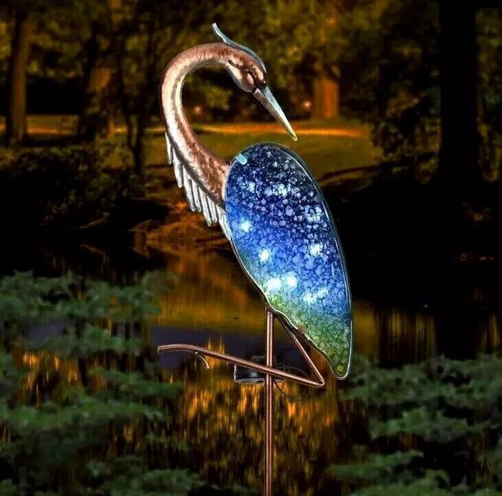 Airone blu in metallo, Statua da giardino, Luci solari da giardino, Gru in piedi