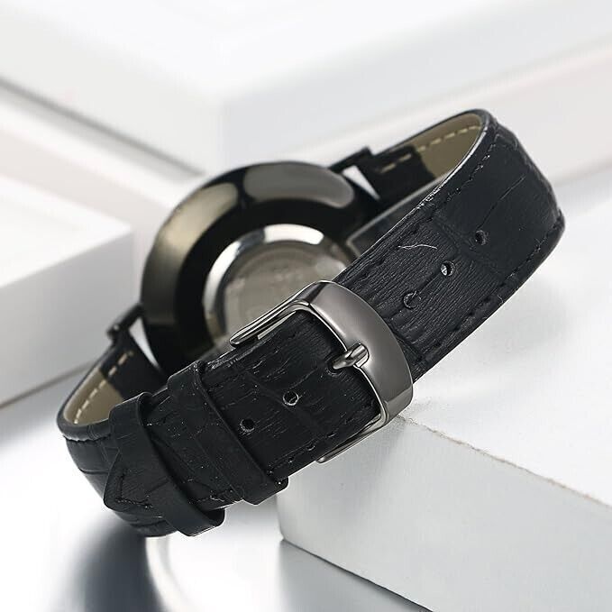 Orologio da Polso Unisex, Cinturino in Pelle Colore Nero, Orologio Semplice