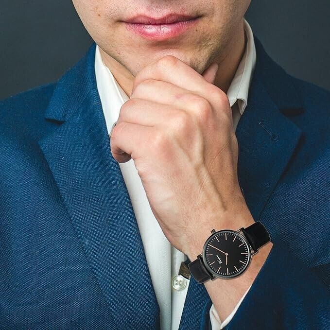 Orologio da Polso Unisex, Cinturino in Pelle Colore Nero, Orologio Semplice