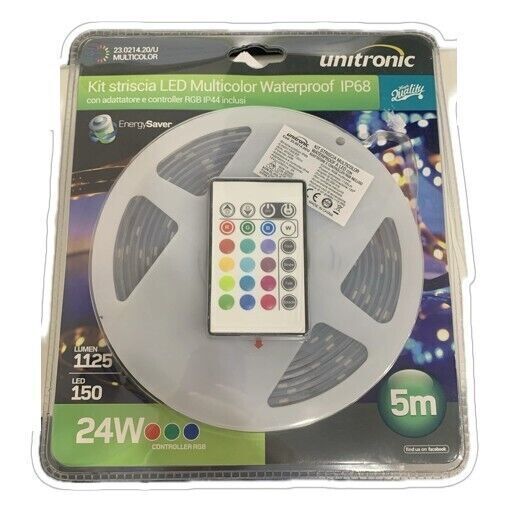 Kit striscia LED 5m multicolore waterproof IP68 150 Led adattatore e controller