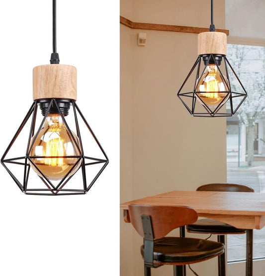 Lampada a Sospensione E27 Industriale Plafoniera Retro in Metallo e Legno Ø160mm