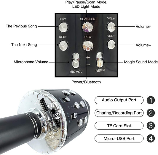 Microfono per karaoke wireless Bluetooth 4 in 1 con luci a LED, microfono