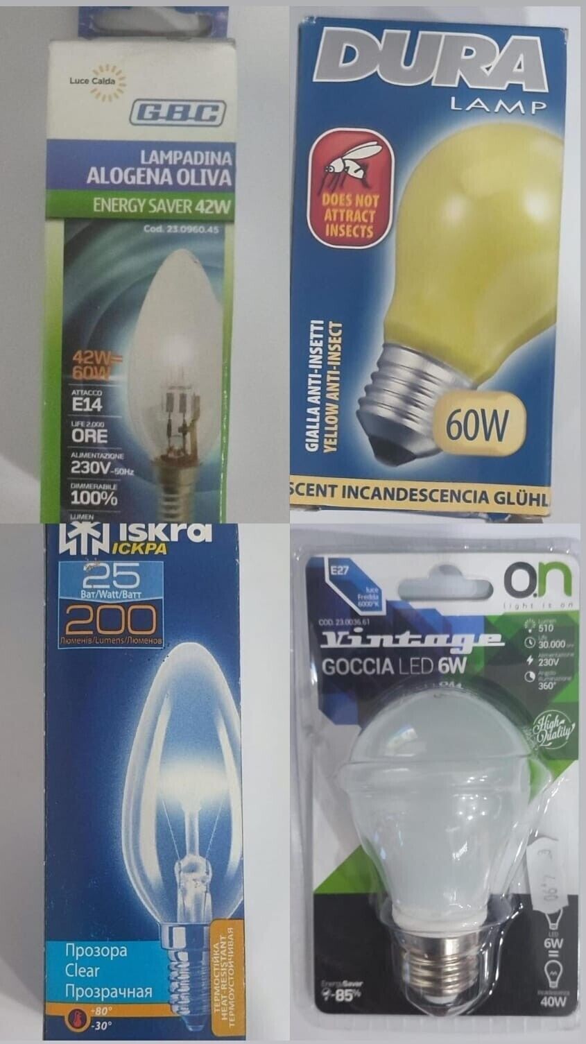 Stock lampadine di vario genere e formato 202 pezzi