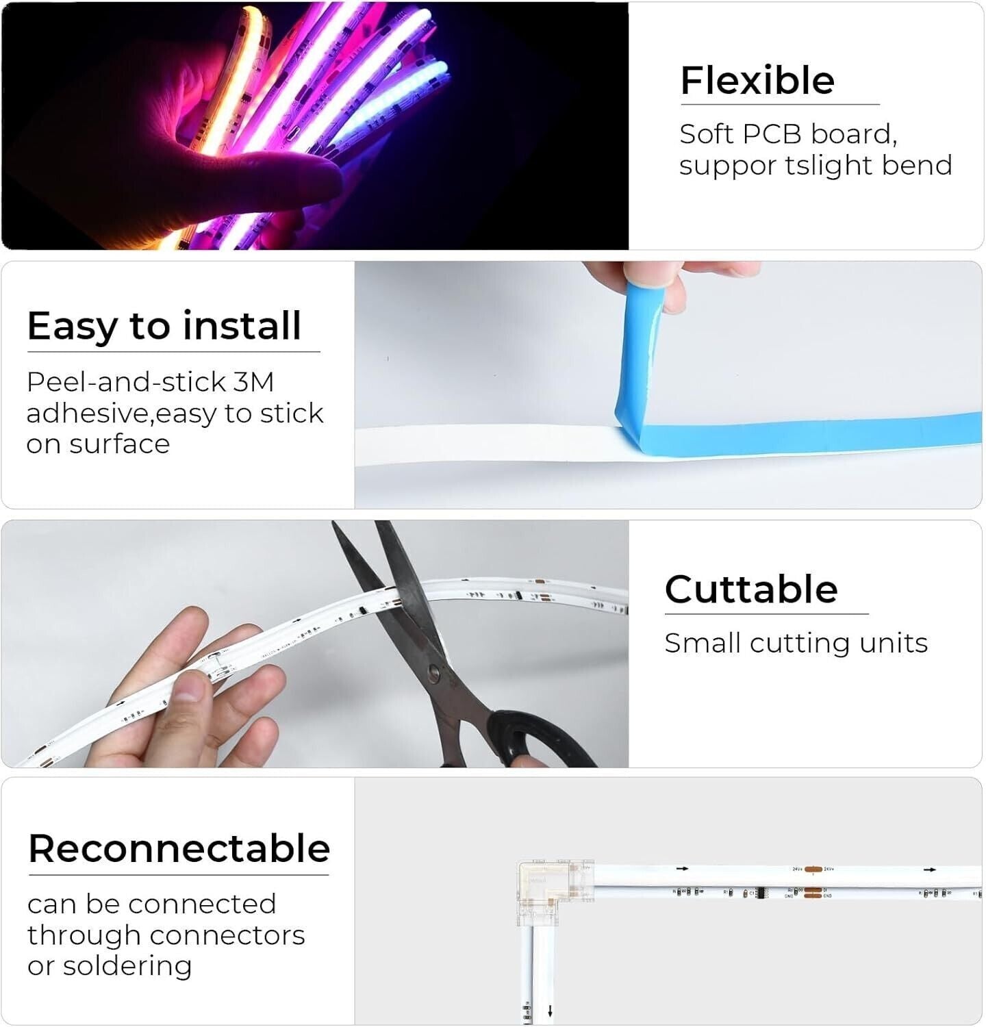 GEYUEYA Striscia LED COB 10 Metri 5760 LEDs WIFI 24v CRI 90+  rgbic