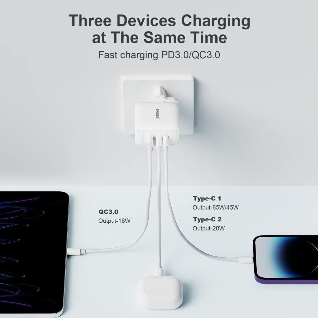 Caricatore memumi 65W USB C & USB A, 3 Porte Alimentatore per MacBook