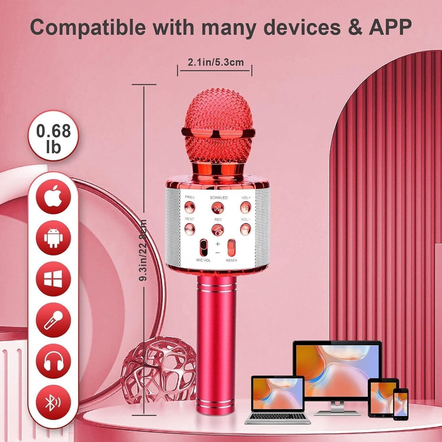 Microfono Karaoke Bluetooth, Microfono bambini, Microfoni Wireless LED Flash