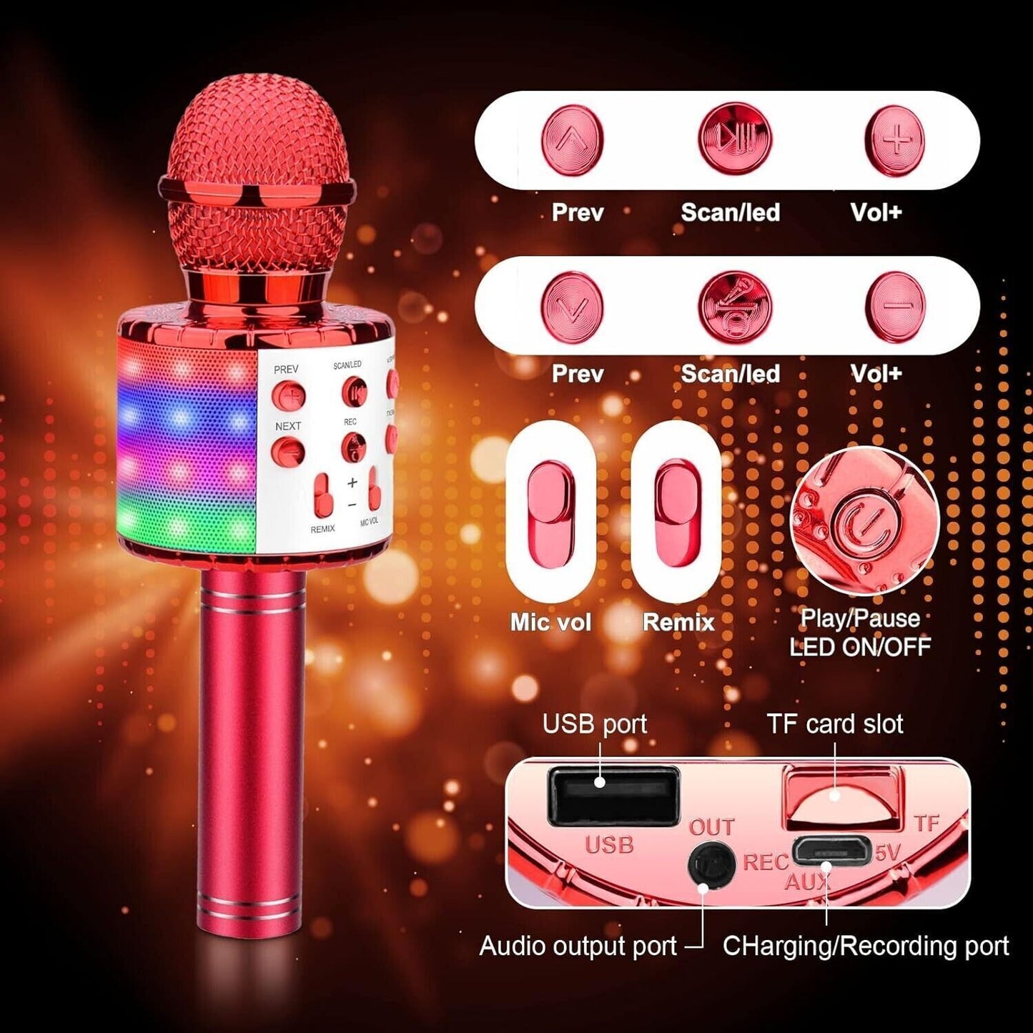 Microfono Karaoke Bluetooth, Microfono bambini, Microfoni Wireless LED Flash