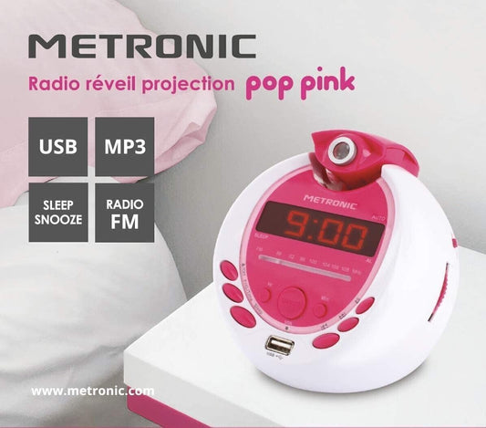 Metronic MP3 USB proiezione radiosveglia per bambini - bianco e rosa
