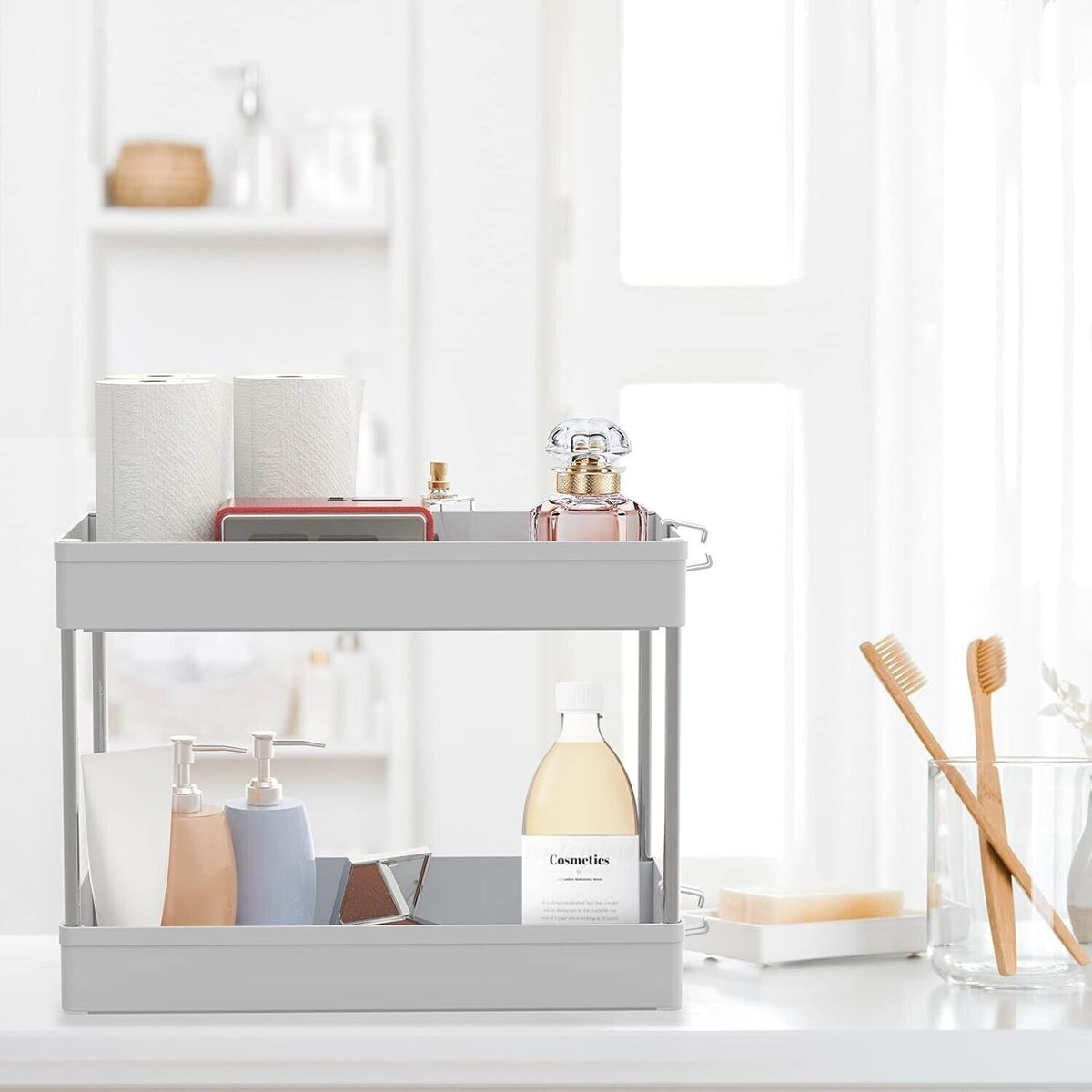 Scaffale Organizer sottolavello cestino per ripiano bagno portaoggetti