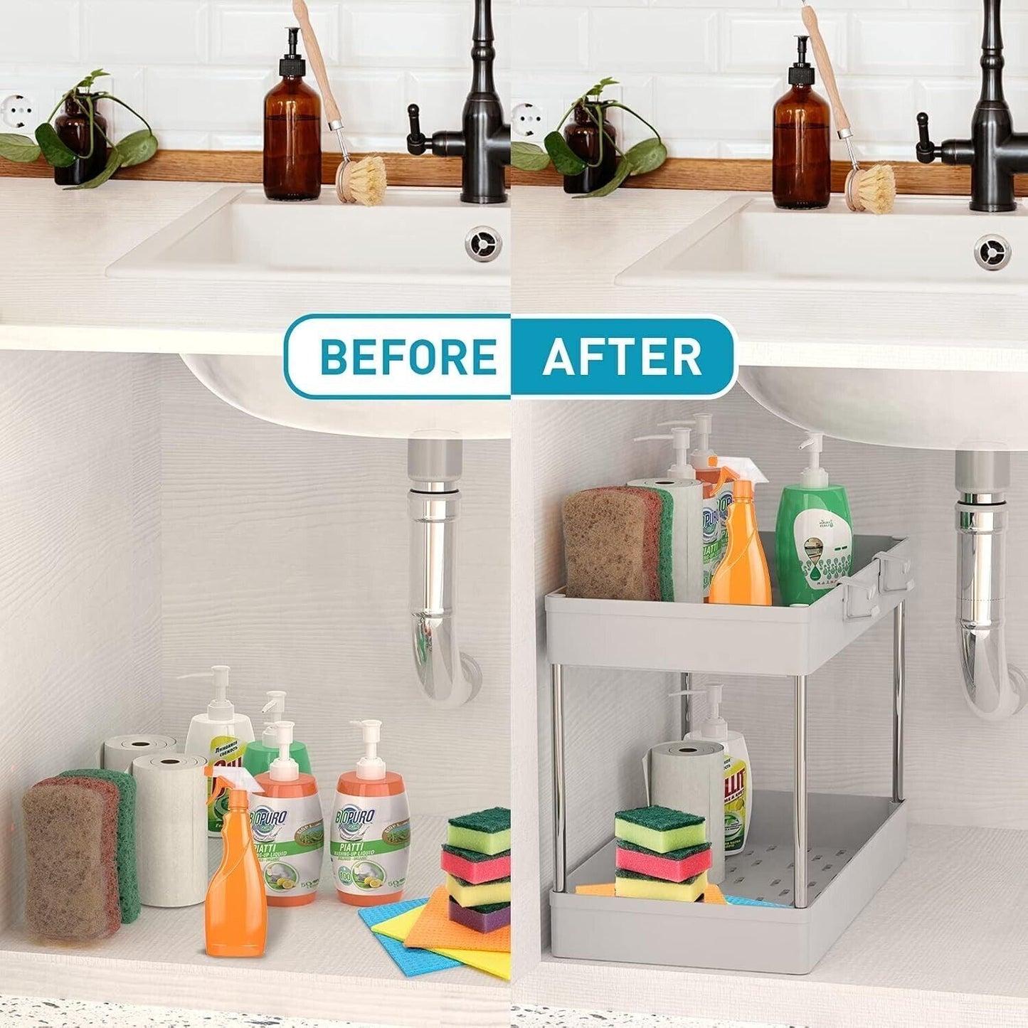 Scaffale Organizer sottolavello cestino per ripiano bagno portaoggetti