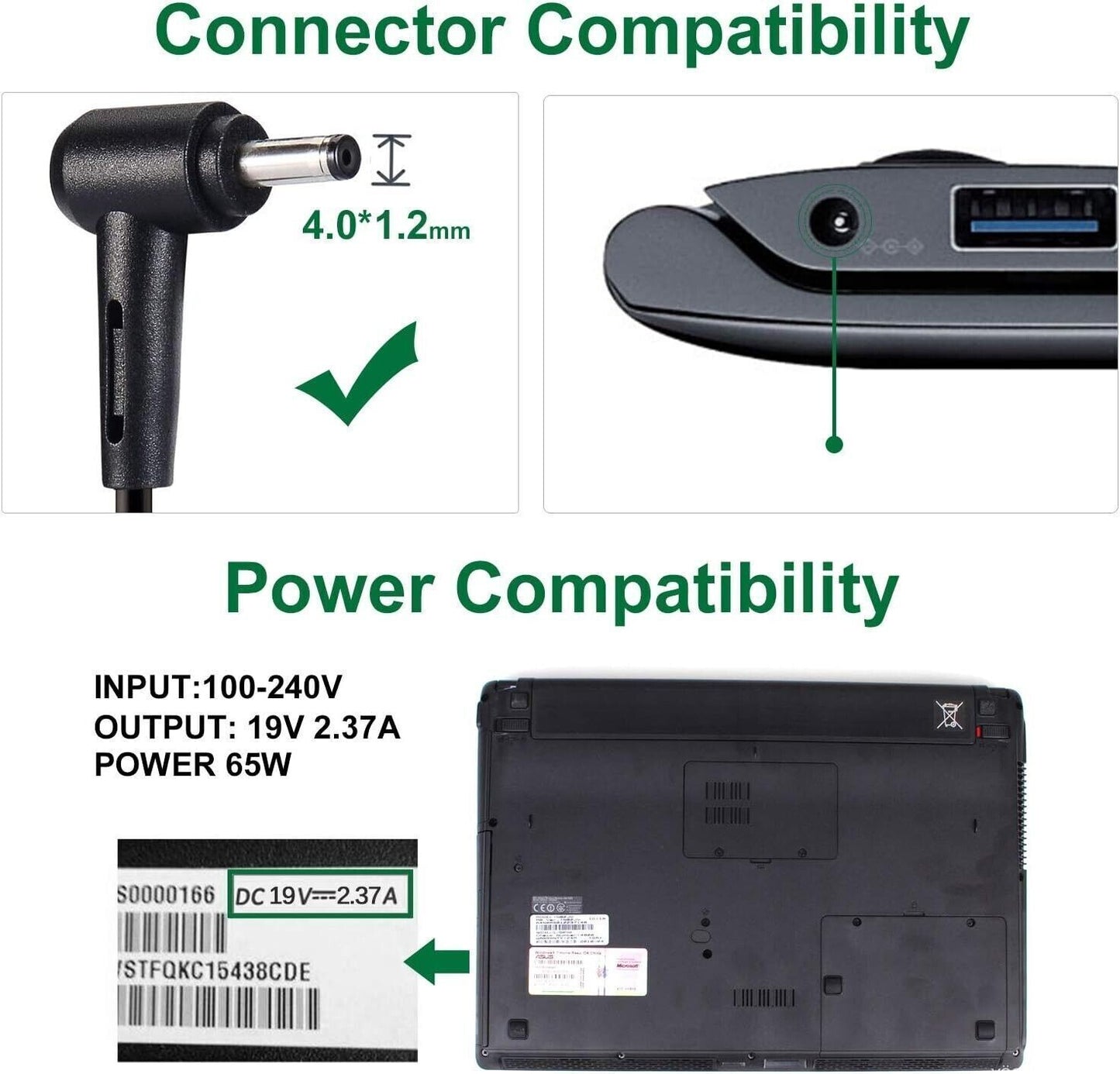 Alimentatore Caricatore adattatore 19 V 2,37 A 45 W per notebook Asus