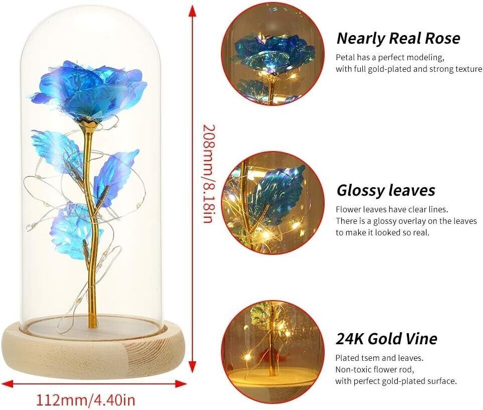 Rosa blu in lamina d'oro con luce a LED in base in legno con cupola di vetro