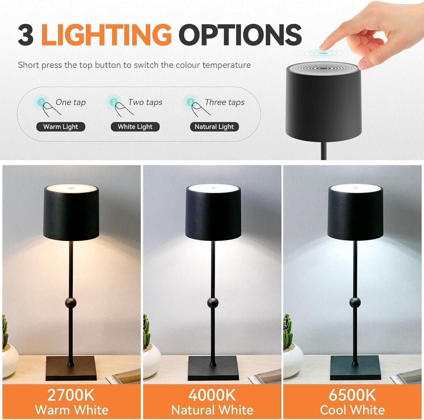 Lampada da tavolo a LED, batteria ricaricabile da 5200 mAh, 3 colori dimmerabile