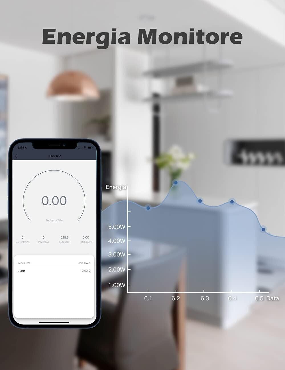 Presa Smart WiFi, Maxcio Presa Intelligente WiFi Italiana 16A, Energia Monitor