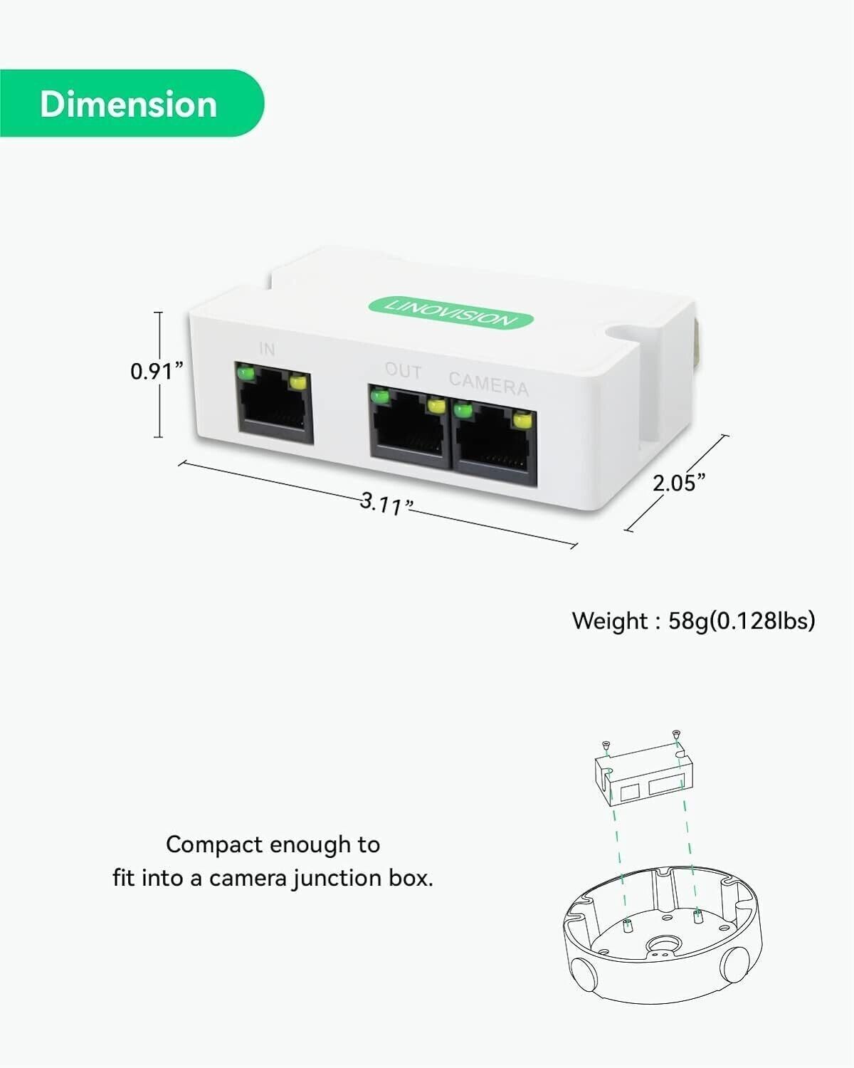 LINOVISION Mini extender POE a 2 porte Ripetitore IEEE 802.3af/at POE