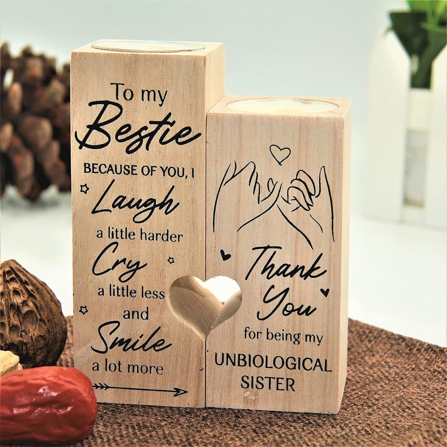 Portacandele in legno a forma di cuore, artigianato in legno naturale