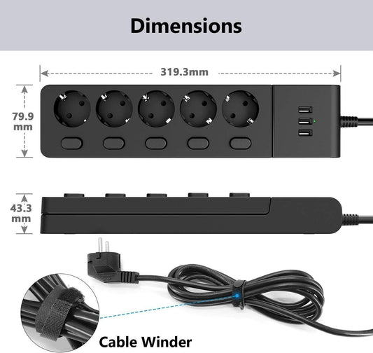 MiiKare Ciabatta elettrica con 5 prese, interruttore singolo, 3 porte USB