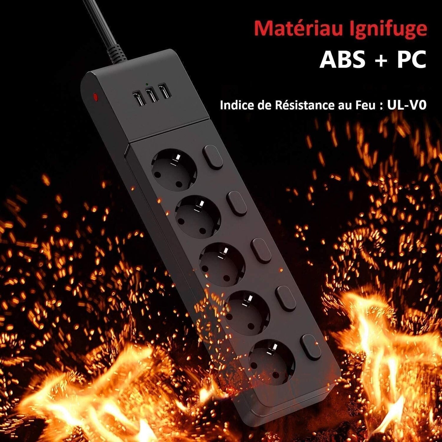 MiiKare Ciabatta elettrica con 5 prese, interruttore singolo, 3 porte USB