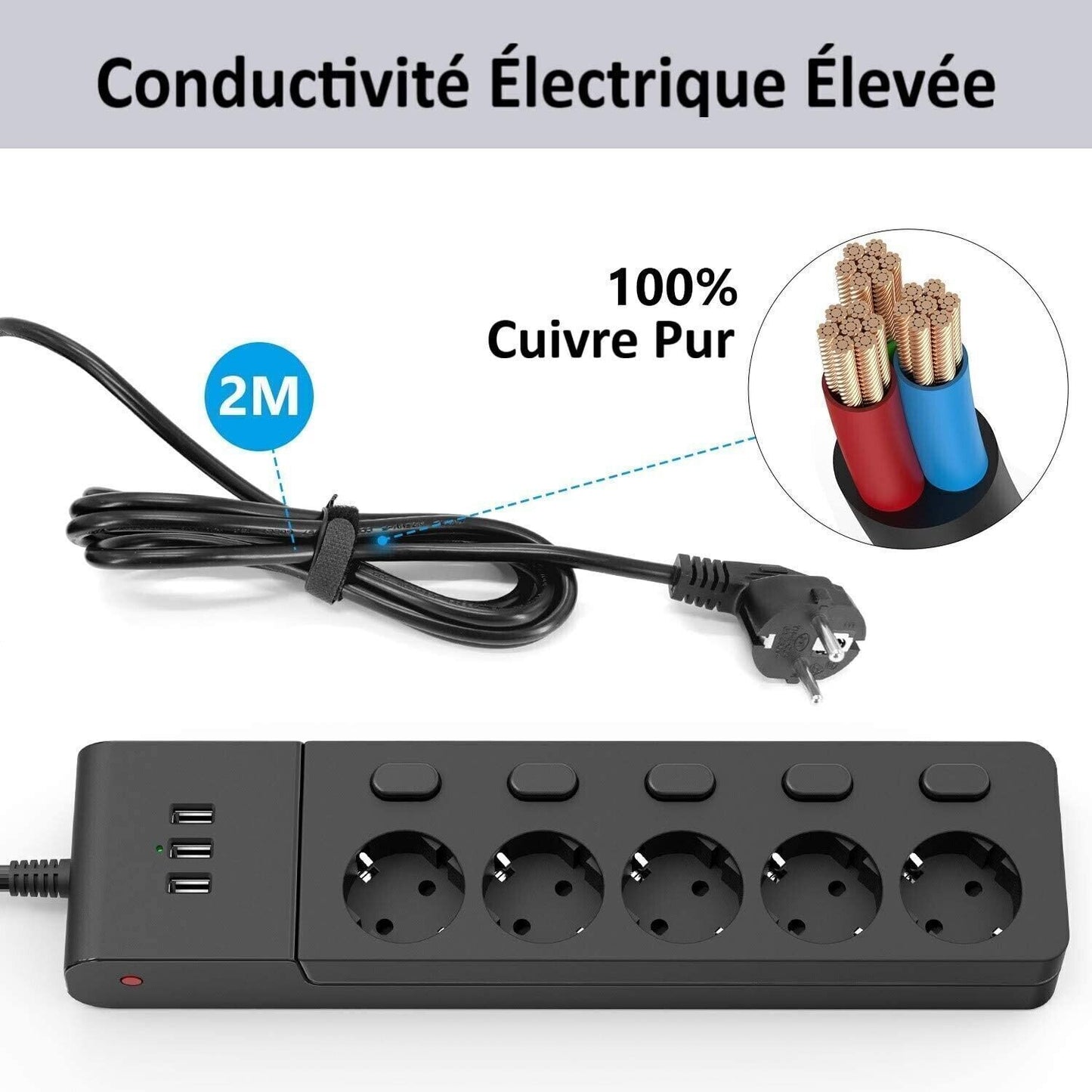 MiiKare Ciabatta elettrica con 5 prese, interruttore singolo, 3 porte USB