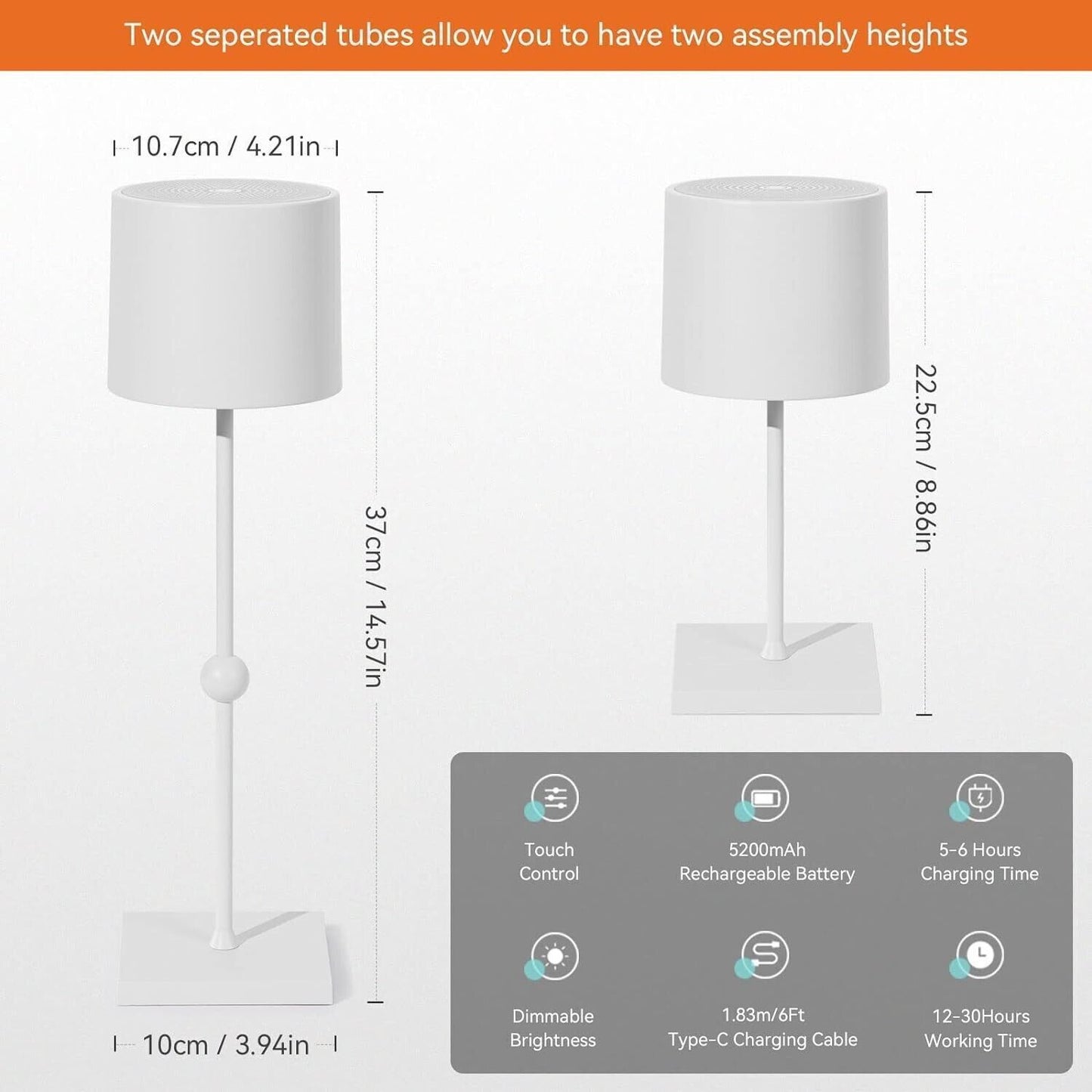 Lampada da tavolo a LED, batteria ricaricabile da 5200 mAh, 3 colori dimmerabile