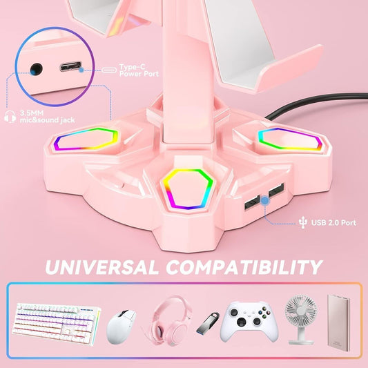 Supporto per cuffie e joypad KDD RGB con 9 modalità di illuminazione, Rosa