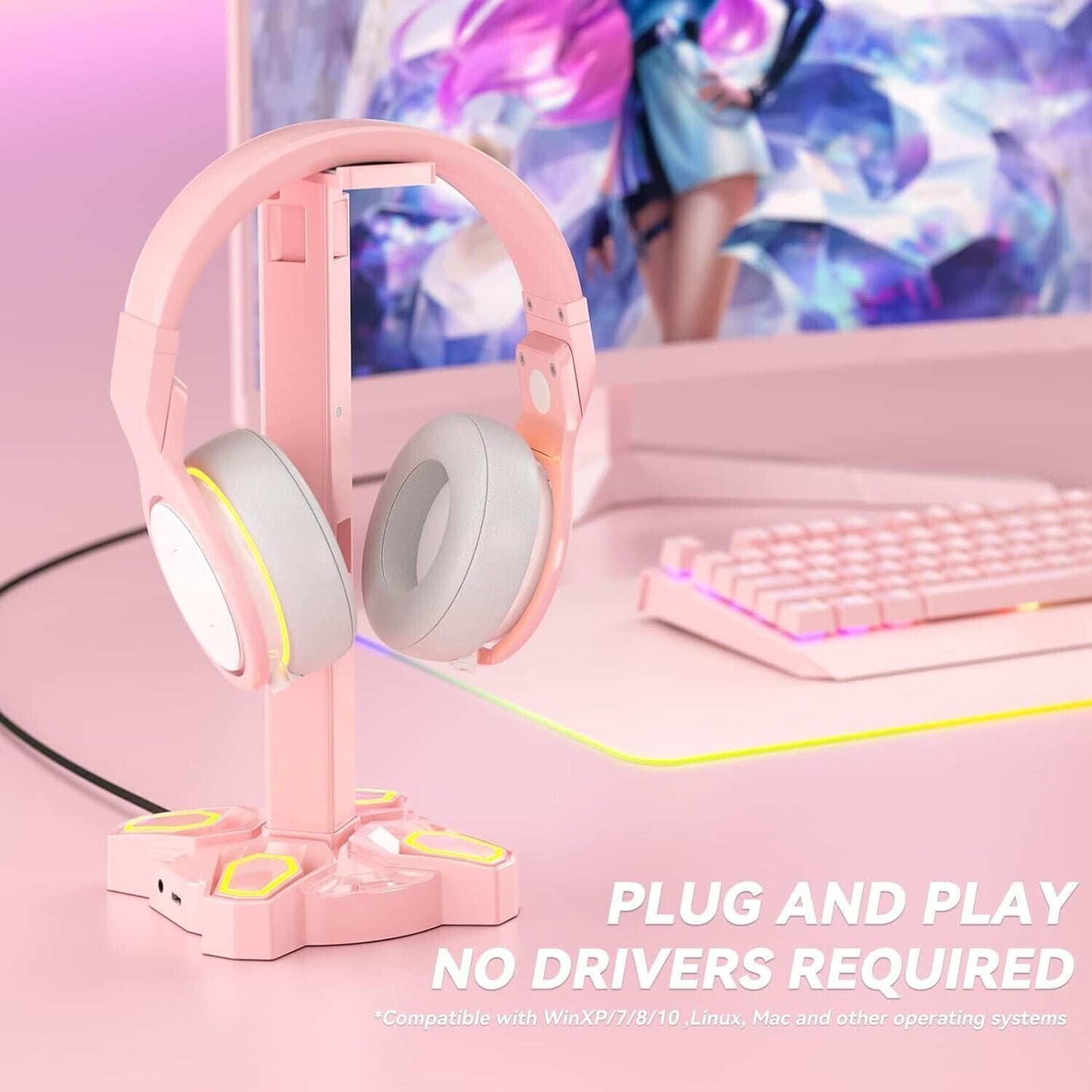 Supporto per cuffie e joypad KDD RGB con 9 modalità di illuminazione, Rosa