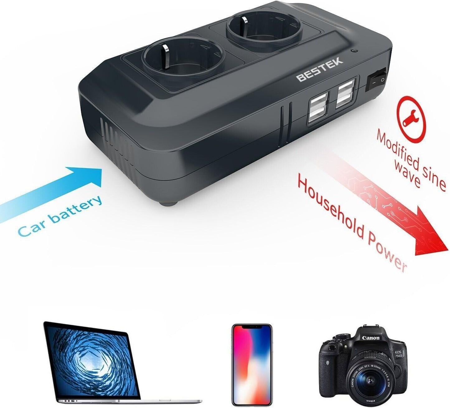BESTEK 200W Inverter Auto 12v 220v con 4 Porte Smart USB 2 Prese AC, Convertitor