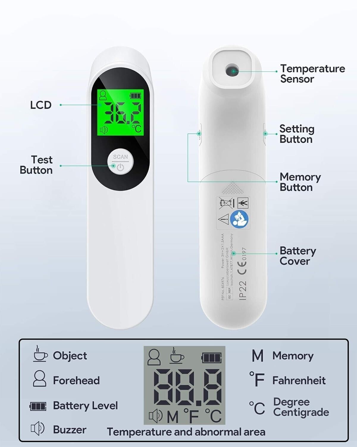 AFAC Termometro digitale a infrarossi per la fronte LCD 3 colori 20 memorie dati