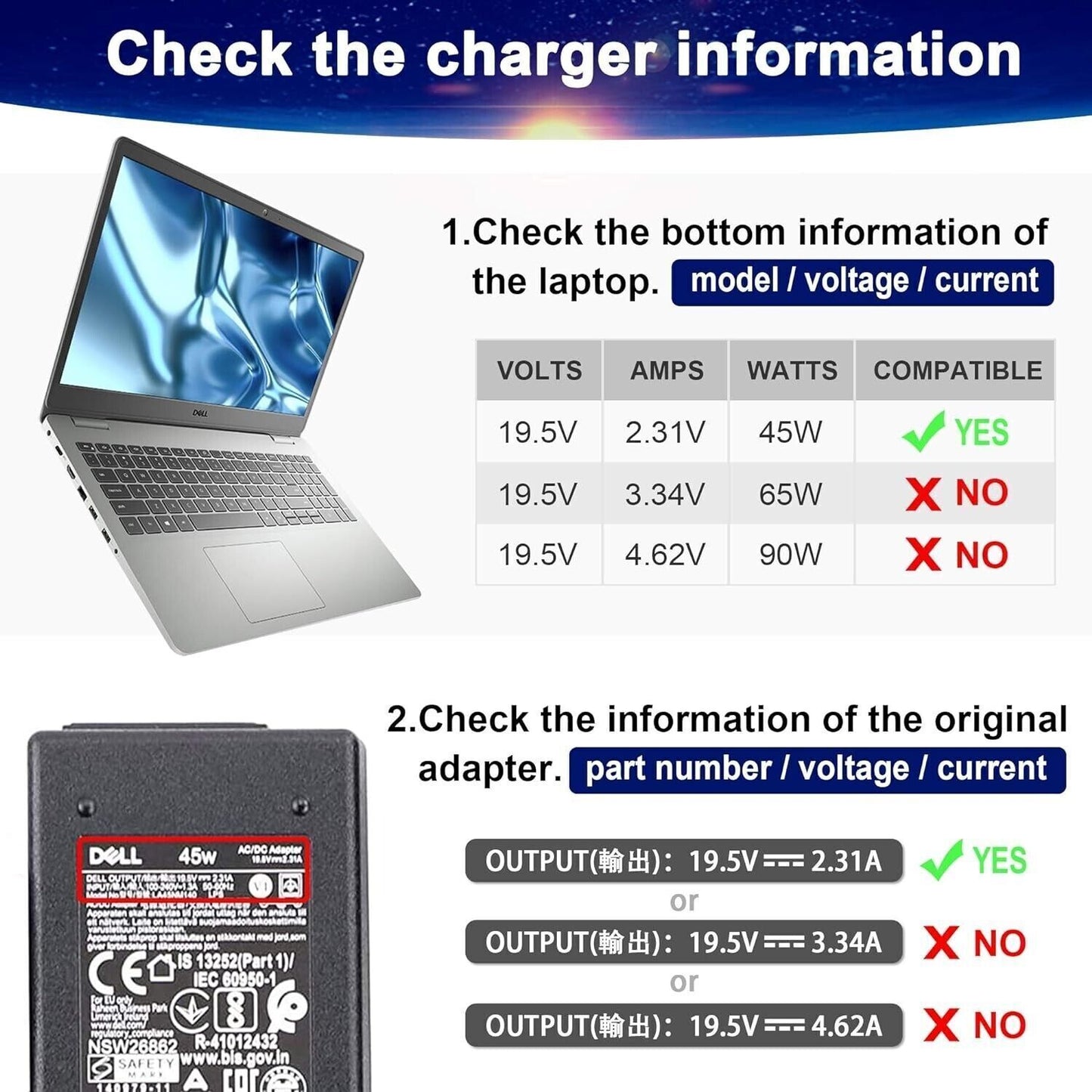 Cavo alimentazione caricabatterie adattatore compatibile  CA da 19,5 V 2,31 45 W