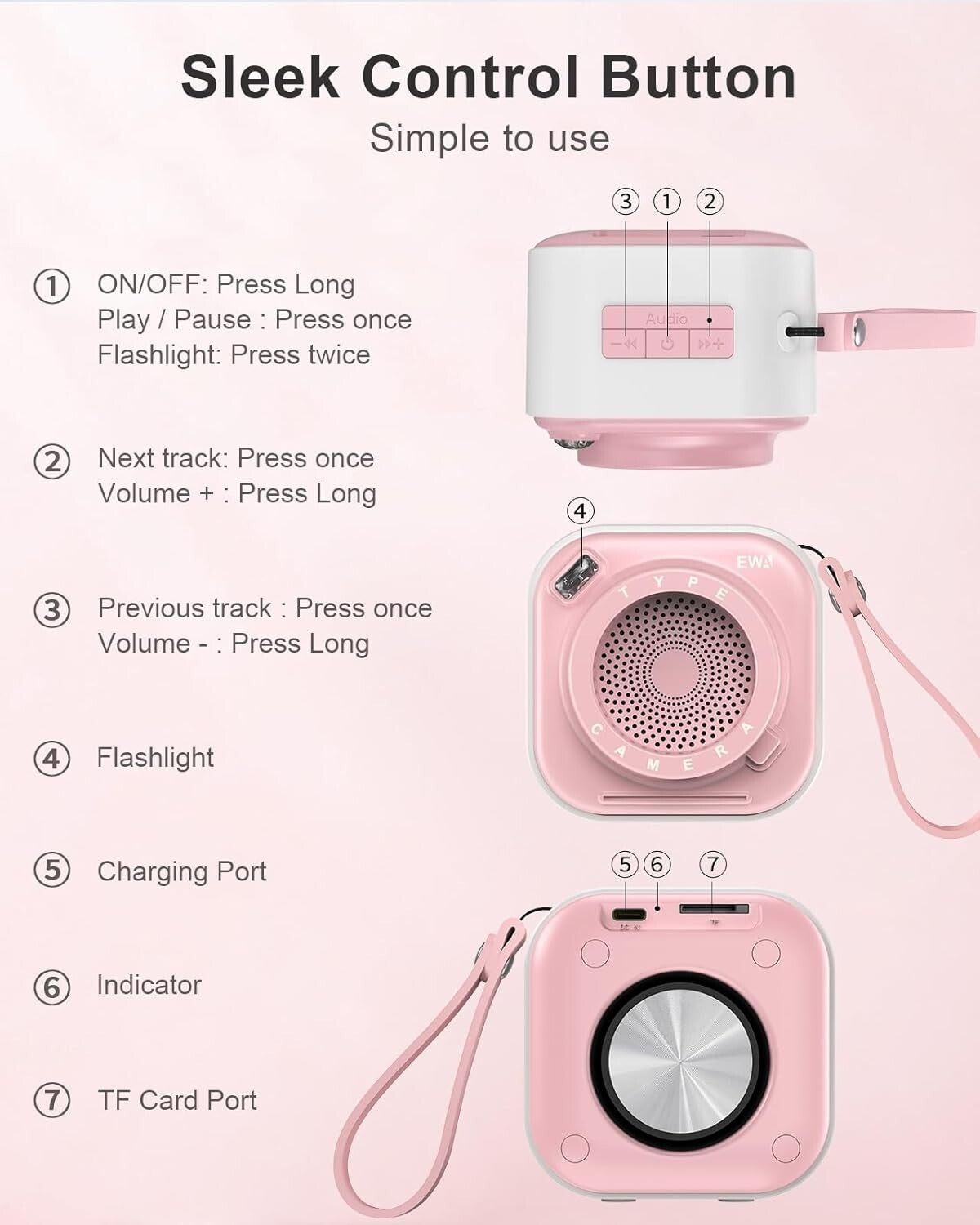 EWA Mini altoparlante wireless Bluetooth con cordino wireless portatile Rosa