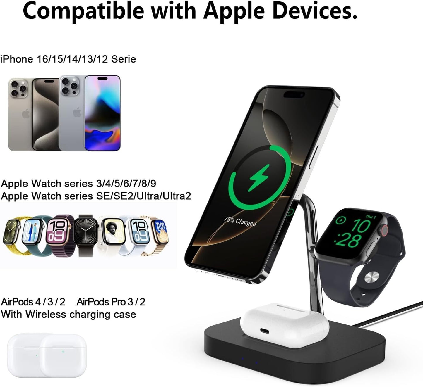 Caricabatterie wireless magnetico Boaraino, stazione di ricarica wireless 3 in 1