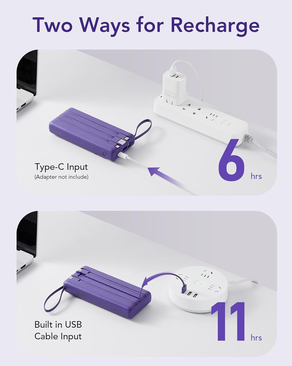 Power bank con Cavi Incorporati 20000mAh, PowerBank USB C a Ricarica Rapid VRURC