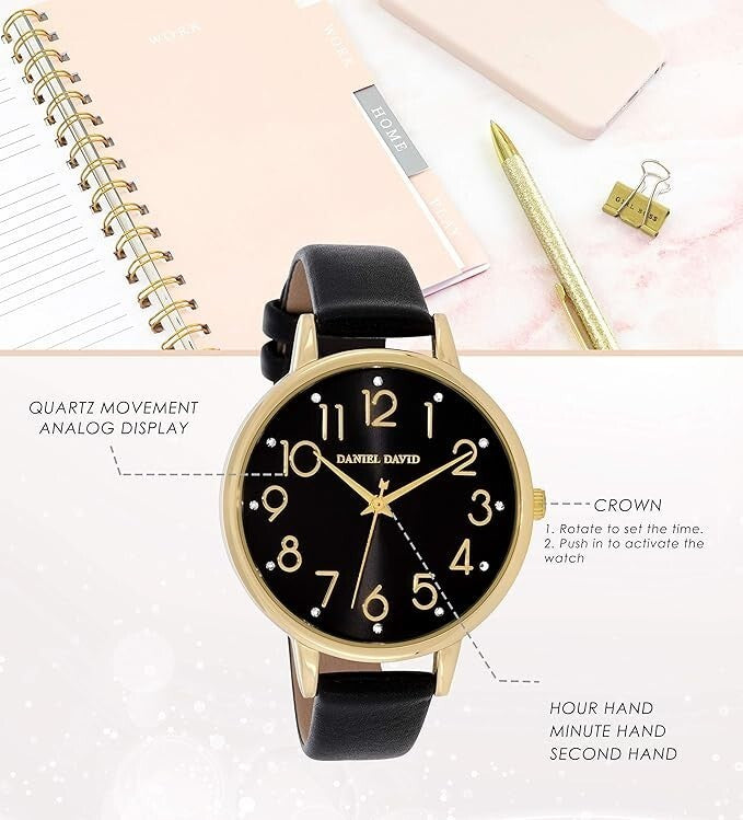 Daniel David Orologio da donna con cinturino in pelle PU liscia nera