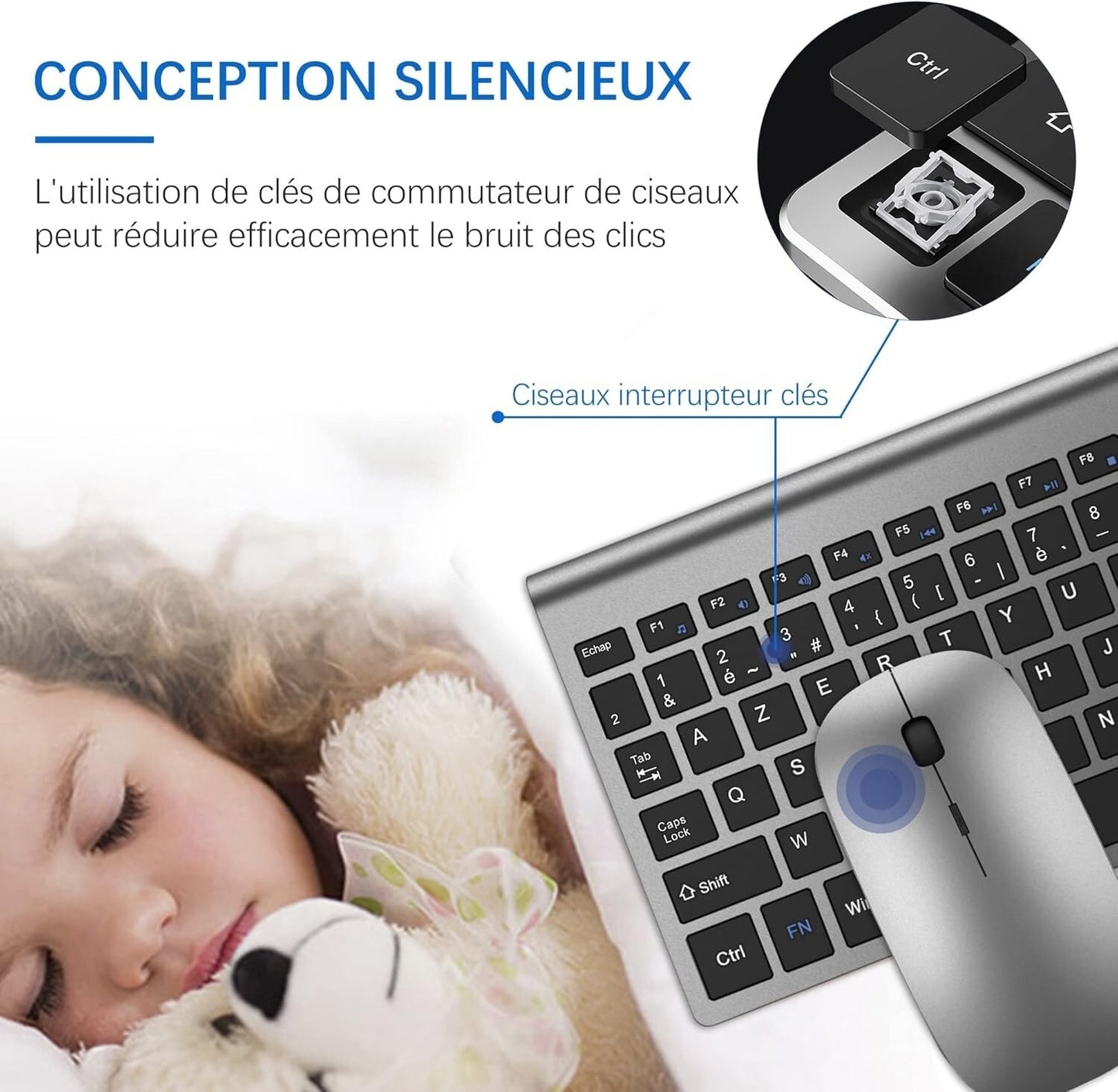 Tastiera e mouse senza fili ultra sottile azerty  2.4G Silent Compact Tastiera