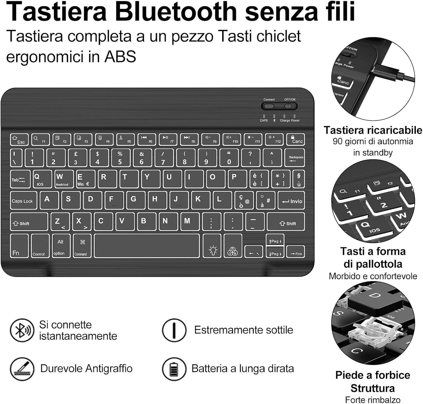 Cover e Tastiera per iPad 9a/8a/7a Generazione, per iPad 10.2" Retroilluminata