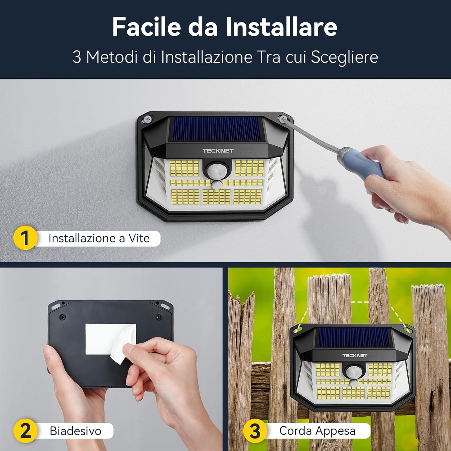 Luci solari per esterni TECKNET faretti solari a LED 3 Modalità con Sensore 2pz