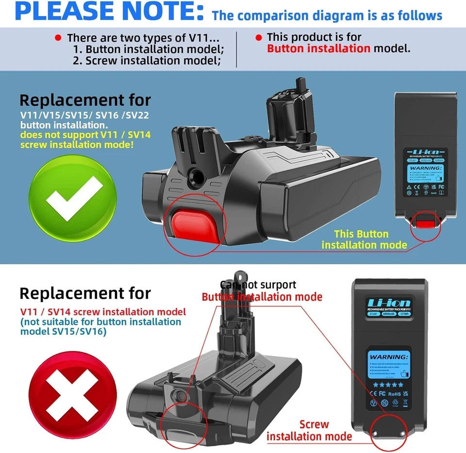 Batteria sostitutiva ad alta capacità V11 compatibile con Dyson V11 8000mah