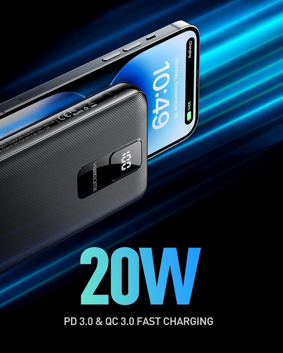 Power Bank 30000mAh VEEKTOMX USB C Ricarica rapida display LED 4 uscite 2 ingres