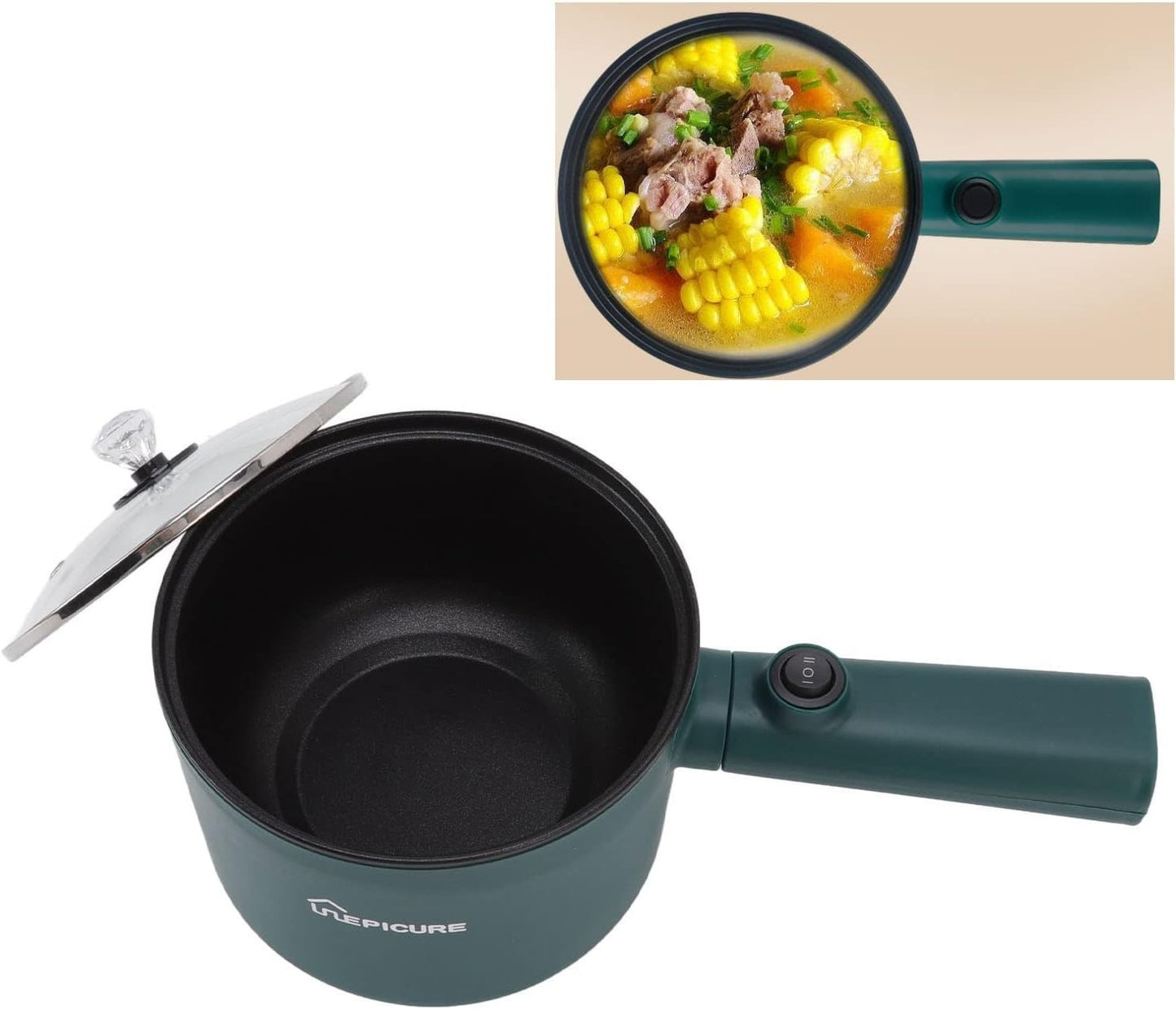 Pentola Elettrica, 1.8L 450W Mini Pentola Elettrica Verde Manico Lungo Antiadere