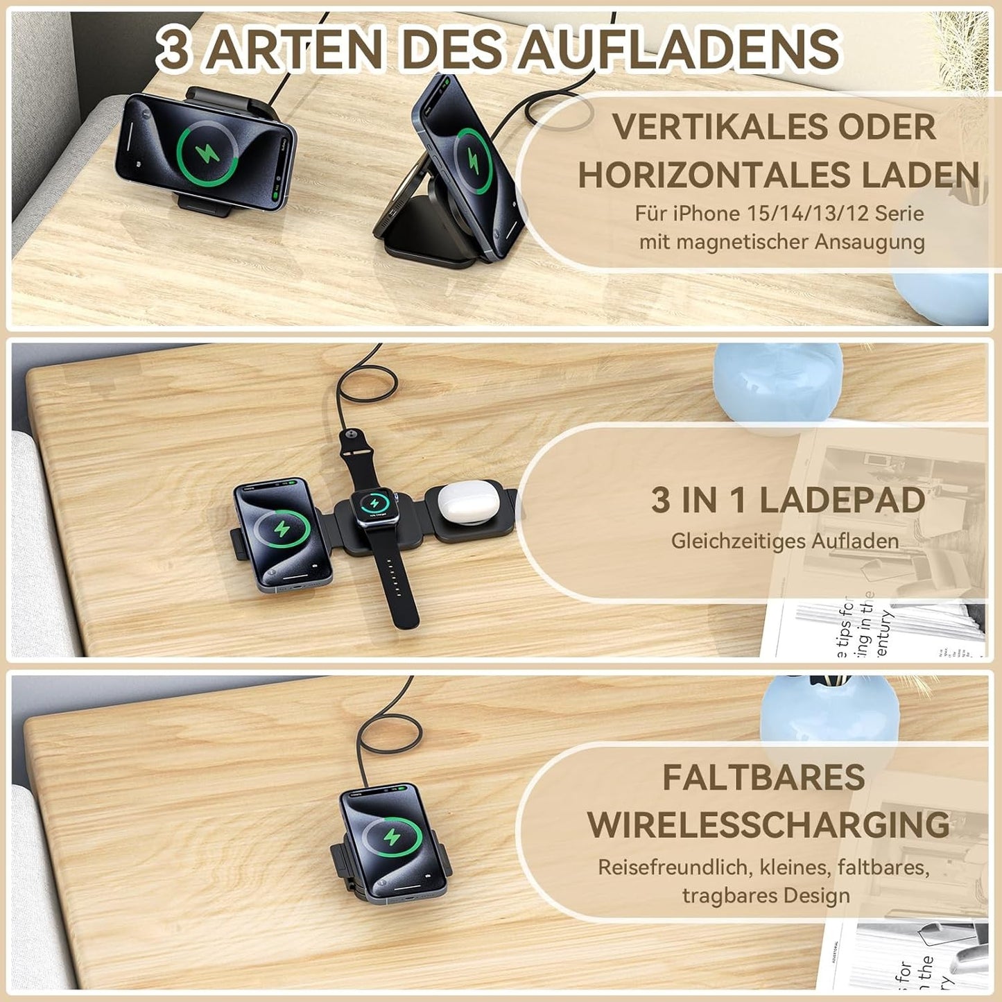 Caricabatterie wireless pieghevole 3 in 1 wireless magnetico per prodotti Apple