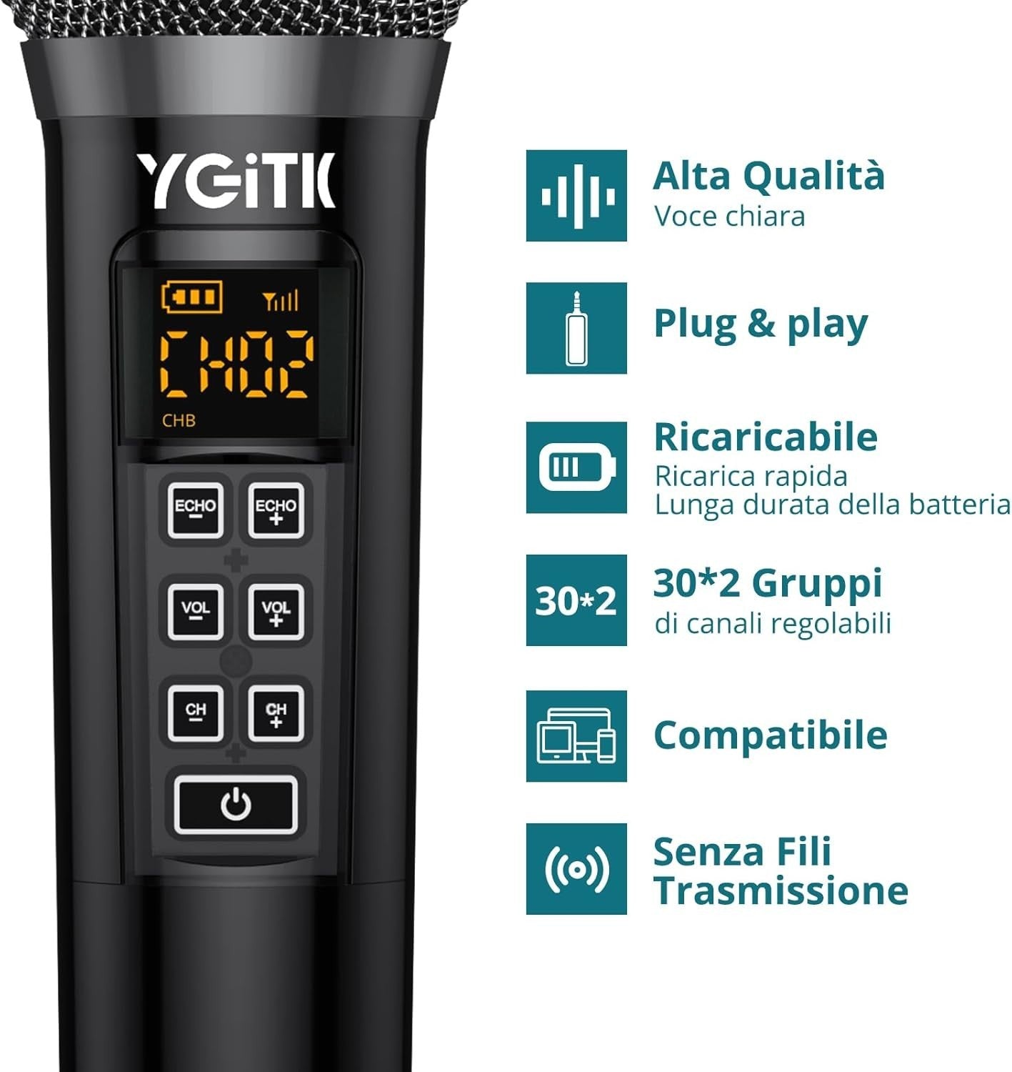 Microfono wireless UHF YGiTK con ricevitore portatile ricaricabile  per karaoke
