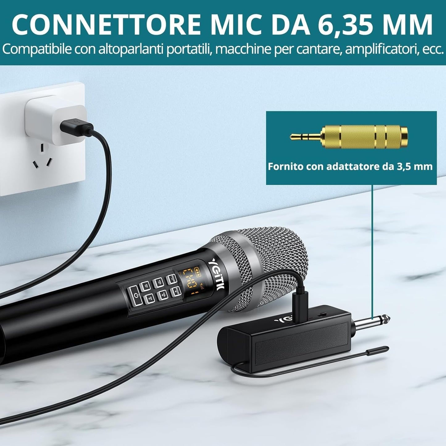Microfono wireless UHF YGiTK con ricevitore portatile ricaricabile  per karaoke
