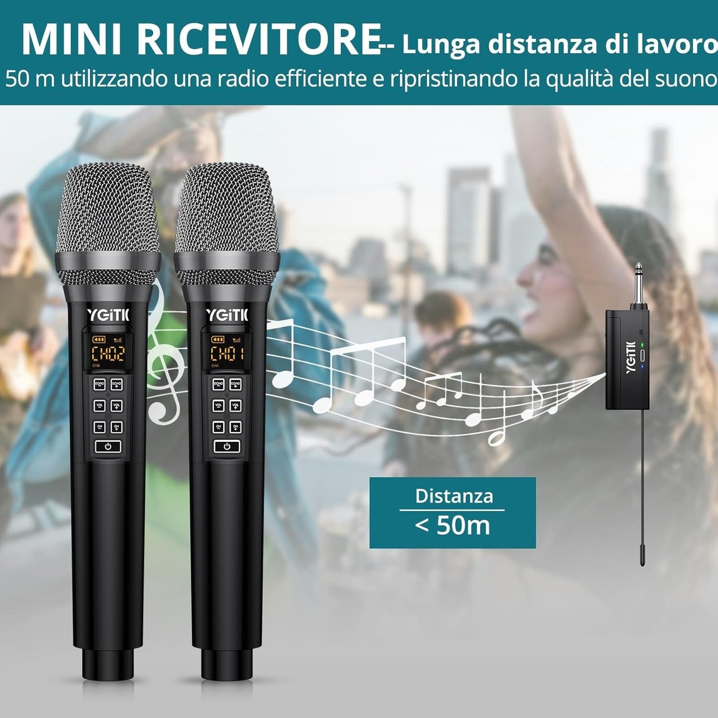 Microfono wireless UHF YGiTK con ricevitore portatile ricaricabile  per karaoke