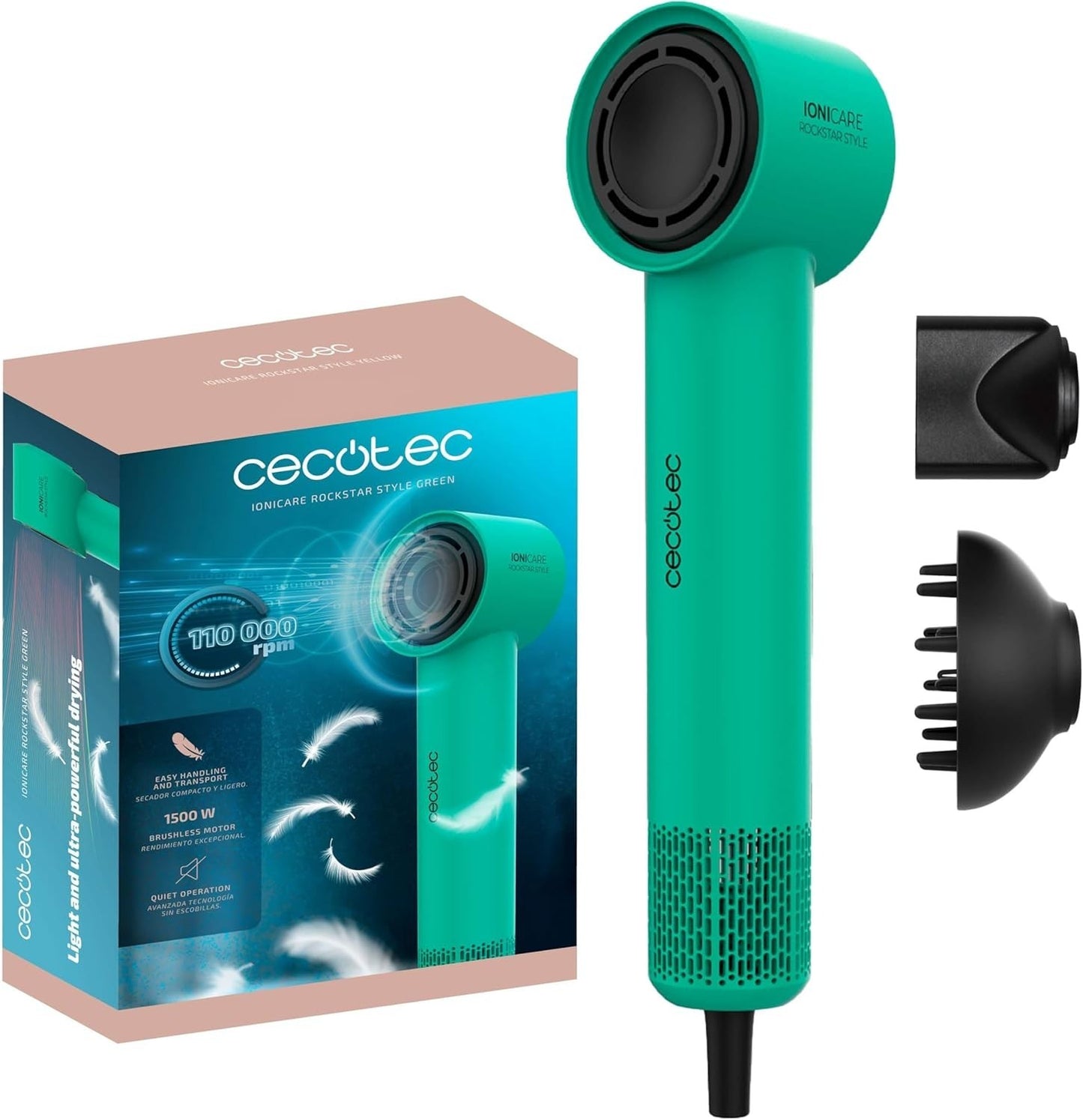 Asciugacapelli Cecotec Ionicare Rockstar Style Green, compatto e leggero, 1500 W