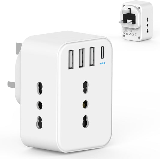 Adattatore Presa Inglese a Spina Italiana Adattatore con 3 Presa Schuko & 4 USB