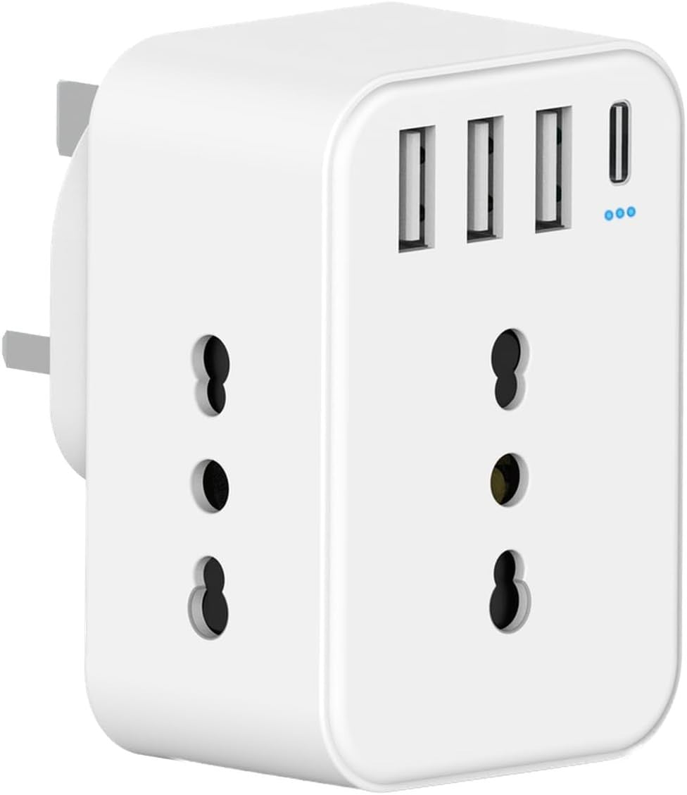 Adattatore Presa Inglese a Spina Italiana Adattatore con 3 Presa Schuko & 4 USB