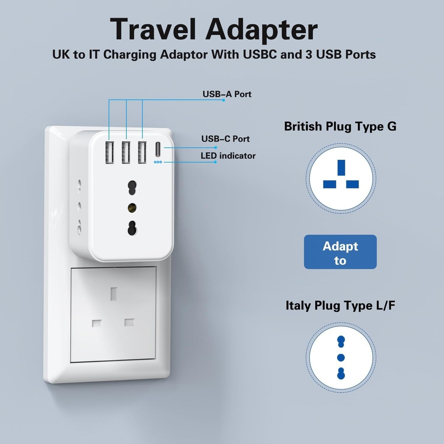 Adattatore Presa Inglese a Spina Italiana Adattatore con 3 Presa Schuko & 4 USB