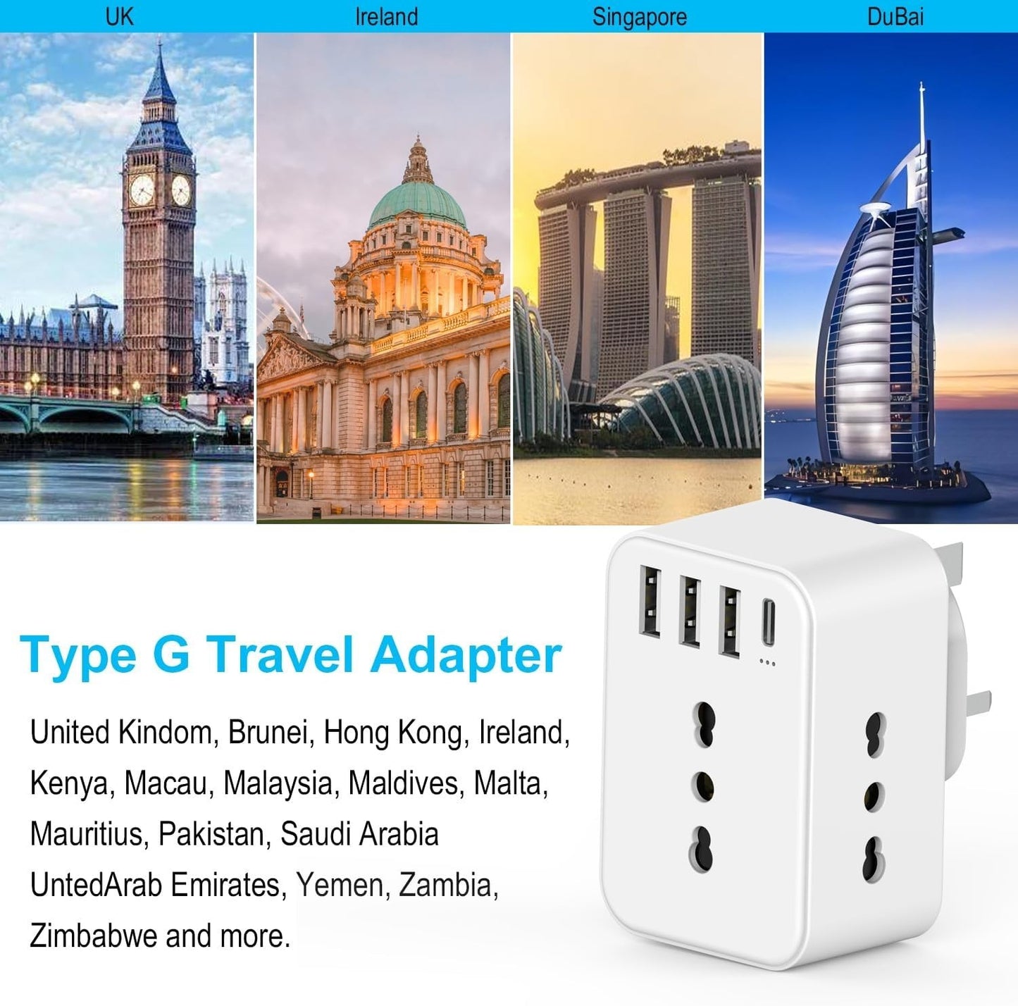 Adattatore Presa Inglese a Spina Italiana Adattatore con 3 Presa Schuko & 4 USB