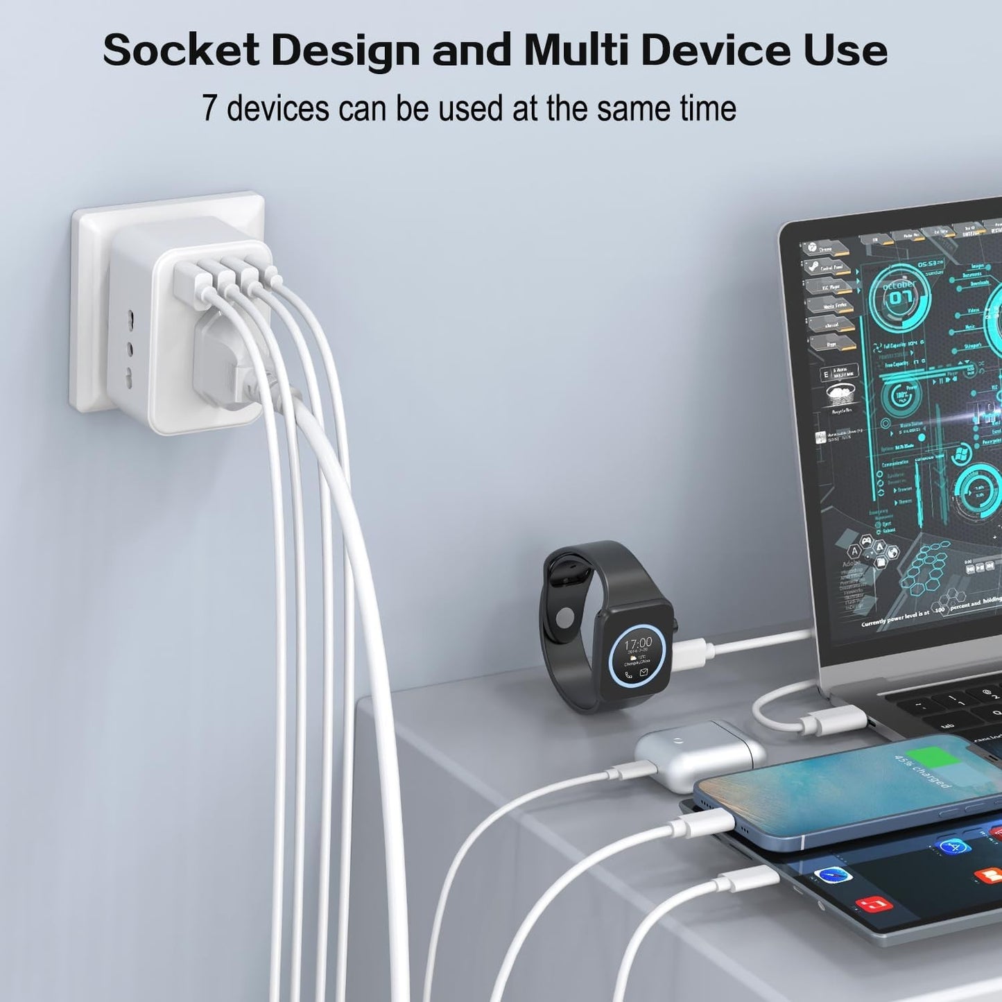 Adattatore Presa Inglese a Spina Italiana Adattatore con 3 Presa Schuko & 4 USB